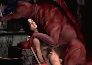 Cartoon beast is punishing a dark-haired lady