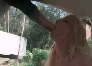 Cock-hungry babe is eating this puppy's cum
