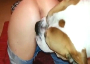 Zoophilic girl, jeans pulled down, wants creampie